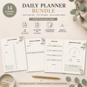 Puede incluir: Un paquete de planificador diario con 14 p&aacute;ginas, incluyendo archivos PDF en formato A4 y US Letter. El conjunto incluye plantillas para planificaci&oacute;n diaria, metas semanales, comidas y seguimiento de productividad, con hojas verdes.