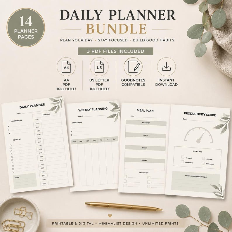 Puede incluir: Un paquete de planificador diario con 14 p&aacute;ginas, incluyendo archivos PDF en formato A4 y US Letter. El conjunto incluye plantillas para planificaci&oacute;n diaria, metas semanales, comidas y seguimiento de productividad, con hojas verdes.