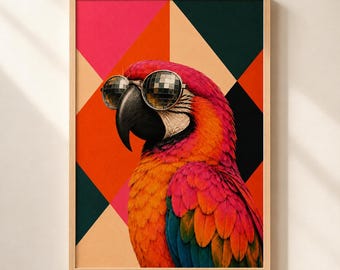 Lámina decorativa de pared con loros coloridos para imprimir, ideal para la decoración maximalista de salas de estar.