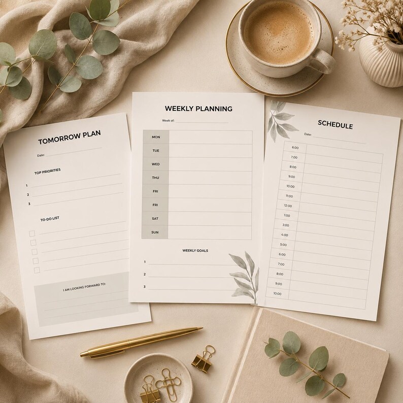 Puede incluir: Tres hojas de papel para planificador en color blanco con texto en negro e ilustraciones minimalistas de hojas. Las hojas est&aacute;n etiquetadas como Tomorrow Plan, Weekly Planning y Schedule, con secciones para prioridades, listas de tareas, horarios diarios y objetivos semanales.