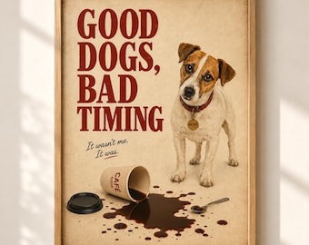 Lámina decorativa divertida de perro para imprimir, ideal para la cocina, la cafetería o como regalo para amantes de los perros.