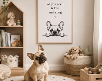 Lámina decorativa imprimible de bulldog francés / Regalo ideal para amantes de los perros / Decoración minimalista y neutra para perros / Descarga digital