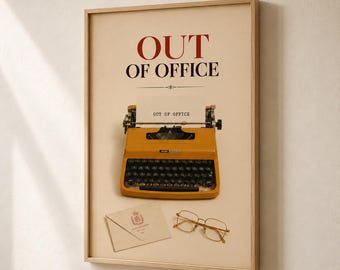 Lámina decorativa con diseño de máquina de escribir retro "Fuera de la oficina" para la pared de la oficina en casa.