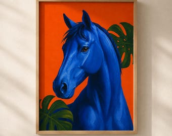 Lámina decorativa de caballo azul para pared, ideal para el salón. Decoración moderna con estampado animal.