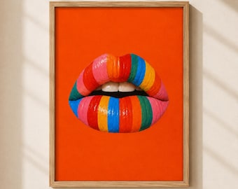Lámina decorativa de labios coloridos para imprimir, ideal para dormitorio, tocador o decoración maximalista.