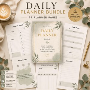 Puede incluir: Un paquete de planificador diario con 14 p&aacute;ginas imprimibles con una est&eacute;tica de color verde suave y dorado. Las p&aacute;ginas incluyen un planificador diario, plan de comidas, rastreador de estado de &aacute;nimo, planificaci&oacute;n semanal y hojas de gratitud.