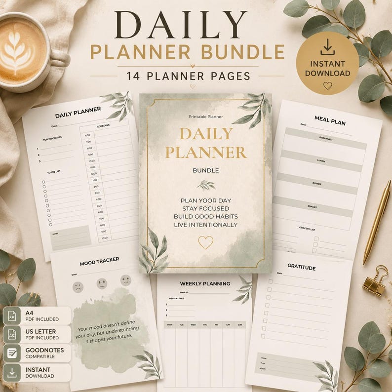 Puede incluir: Un paquete de planificador diario con 14 p&aacute;ginas imprimibles con una est&eacute;tica de color verde suave y dorado. Las p&aacute;ginas incluyen un planificador diario, plan de comidas, rastreador de estado de &aacute;nimo, planificaci&oacute;n semanal y hojas de gratitud.