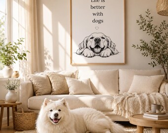 Lámina decorativa imprimible de Golden Retriever / Regalo para amantes de los perros / Decoración de pared neutra para perros / Póster minimalista de perro en PDF