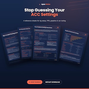 May include: A set of four dark blue reference sheets titled Apex Notes, featuring white and orange text. The sheets provide guides for rig setup, force feedback, car tuning, and graphics settings for ACC, with the text Stop Guessing Your ACC Settings.