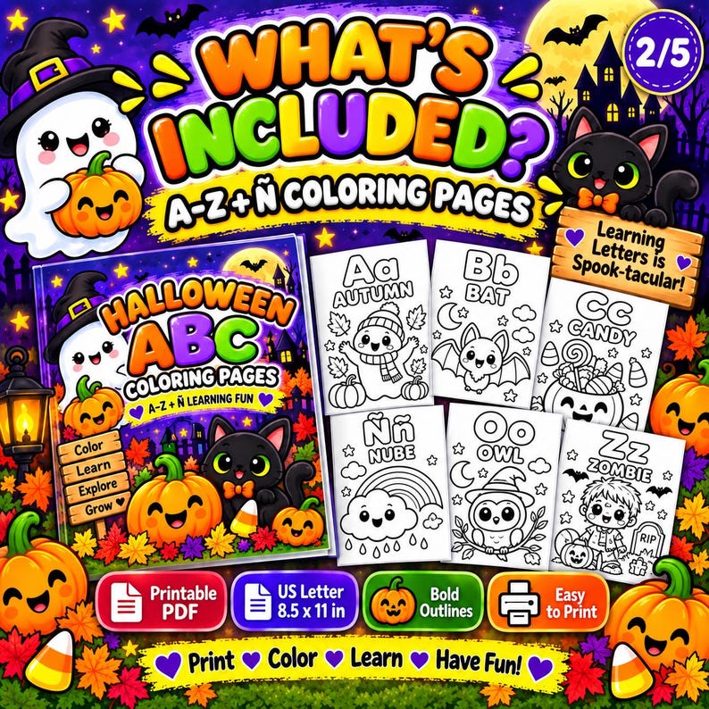 ABC Coloring Pages, Halloween A-Z + Ñ Printable Kids Activity PDF ...