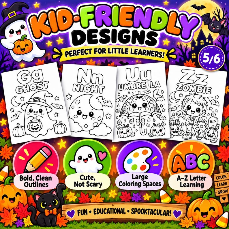 ABC Coloring Pages, Halloween Printable A-Z Kids Activity PDF, Instant ...