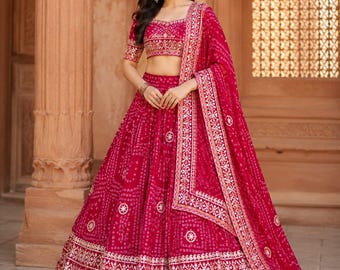 Pink Magenta Bandhani Lehenga Choli | Royal Indian Ethnic Outfit | Wedding, Festive & Party Wear Lehenga Set
