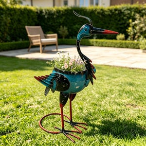 Colorful Metal Crane Planter, Bird Flower Pot for Outdoor Garden and Patio