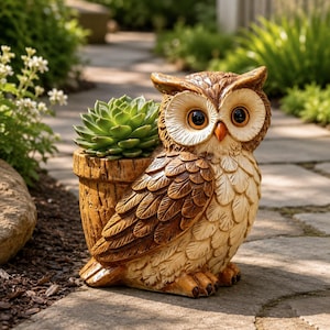 Peut inclure: Un pot de fleurs en forme de hibou marron et crème avec une finition texturée imitant le bois sur la partie cylindrique. Une plante succulente verte est placée à l'intérieur du pot, qui représente un hibou debout aux grands yeux sombres.