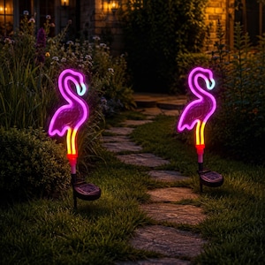 Peut inclure: Deux lampes de jardin lumineuses en forme de flamant rose avec des tubes néon rose vif et jaune. Chaque flamant est fixé sur un piquet noir avec une base à panneau solaire, disposé verticalement dans une zone herbeuse le long d'un sentier.