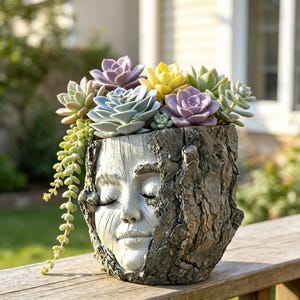 Tree Face Planter, Rustic Bark Succulent Pot, Woodland Head Flower Pot, Indoor Outdoor Garden Decor