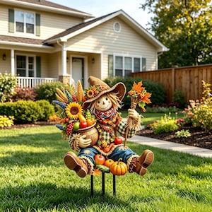 May include: A scarecrow garden stake featuring a figure wearing a brown hat, a plaid shirt, and blue pants. The figure holds a basket filled with sunflowers, corn, and fruit, and carries a bundle of autumn leaves. It is mounted on black metal poles.