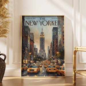 May include: A framed print of The New Yorker magazine cover dated August 16, 1964, priced at 25 cents. The artwork depicts a busy New York City street scene with yellow taxis, tall skyscrapers, and the Empire State Building under a soft sky.