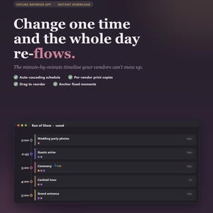 Könnte beinhalten: Eine digitale App-Oberfläche zur Erstellung von Hochzeitsabläufen mit dunkelviolettem Hintergrund. Der Text lautet: Wedding Day-Of Run-Of-Show Builder, Change one time and the whole day re-flows, und The minute-by-minute timeline your vendors can't mess up.