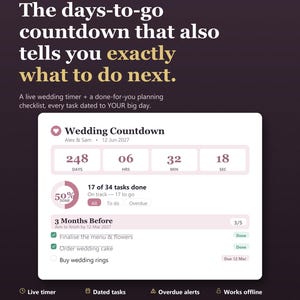 Puede incluir: Una interfaz digital de cuenta regresiva de boda y cronograma de planificación con un temporizador que muestra 248 días, 06 horas, 32 minutos y 18 segundos. Incluye un rastreador de tareas con 17 de 34 completadas, una lista de verificación y el texto: Instant download, works offline, no subscription.