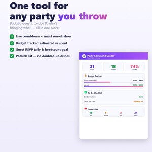 Può includere: Un'interfaccia per la pianificazione di feste intitolata Party Command Center. Il display include un conto alla rovescia, un budget tracker, il conteggio degli ospiti e una lista di cose da fare. Il testo include One tool for any party you throw.