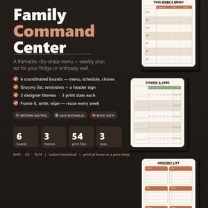 May include: A digital display for a family command center wall printable set. It features text including Family Command Center, This Week's Menu, Chores & Jobs, and Grocery List. The layout shows three white grid templates on a dark background.