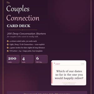 Könnte beinhalten: Ein druckbares Kartenspiel namens The Couples Connection mit 200 Gesprächsstartern. Die dunkelviolette Grafik zeigt Details wie 4 Farben, 6 PDF-Dateien und eine weiße Beispielkarte mit dem Text: Which of our dates so far is the one you would happily relive?