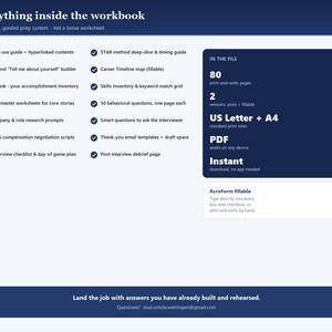 May include: A dark blue digital workbook information sheet titled Everything inside the workbook. It lists features like a STAR method guide, 80 print-and-write pages, US Letter and A4 sizes, and fillable PDF forms for interview preparation.