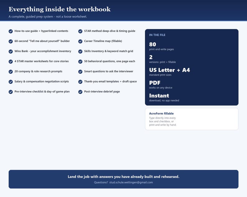 May include: A dark blue digital workbook information sheet titled Everything inside the workbook. It lists features like a STAR method guide, 80 print-and-write pages, US Letter and A4 sizes, and fillable PDF forms for interview preparation.