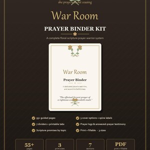 Könnte beinhalten: Ein digitales War Room Gebetsordner-Set mit einer Titelseite, floralen Illustrationen und dem Text: she prays without ceasing, War Room Prayer Binder sowie einem Bibelzitat aus Jakobus 5,16. Enthält über 55 Seiten, 3 Größen und 7 Abschnitte.