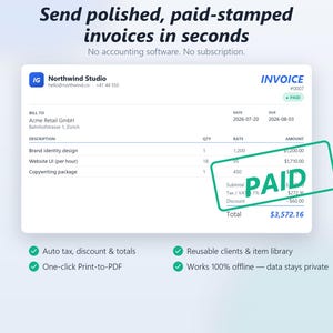 Könnte beinhalten: Eine digitale Rechnungsvorlage von Northwind Studio mit weißem Hintergrund und blauem Text. Das Dokument zeigt Posten für Brand Identity Design, Website-UI und ein Textpaket, mit einem großen grünen PAID-Stempel als Überlagerung.