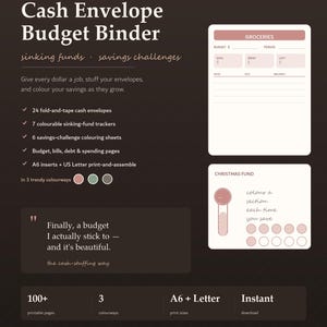 Könnte beinhalten: Ein druckbarer Budget-Ordner für Bargeldumschläge mit dunkelbraunem Hintergrund und weißem Text. Enthält 24 faltbare Umschläge, 7 Spar-Tracker, 6 Spar-Challenge-Blätter und Budgetseiten. Verfügbar in A6 und US-Letter-Druckformaten.