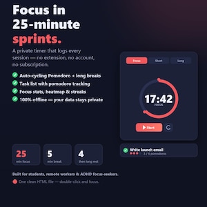 May include: A dark-themed digital interface for a Pomodoro timer app. The screen displays text including Focus in 25-minute sprints, a circular timer showing 17:42, a task list for writing a launch email, and settings for 25-minute focus and 5-minute breaks.
