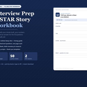 Könnte beinhalten: Ein druckbares und ausfüllbares PDF-Arbeitsbuch mit dem Titel Interview Prep & STAR Story Workbook auf dunkelblauem Hintergrund. Es enthält 80 geführte Seiten, 50 Fragenbögen und 2 PDF-Versionen. Eine Beispielseite zeigt eine Verhaltensfrage.