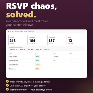 Op de afbeelding: Een digitale interface voor een gastenlijst- en RSVP-beheerapp op een donkerpaarse achtergrond. Het dashboard toont live aantallen, maaltijdtotalen en een lijst met gasten inclusief hun RSVP-status, maaltijdkeuze en tafelnummers.