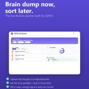 Könnte beinhalten: Eine digitale Aufgabenverwaltungs-Oberfläche auf violettem Hintergrund mit dem Text Brain dump now, sort later. The low-friction planner built for ADHD. Sie enthält einen Eat the Frog-Spotlight, einen Fokus-Timer, Aufgabenlisten und einen Zähler.