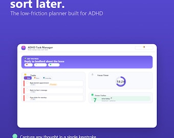 Może przedstawiać: Cyfrowy interfejs menedżera zadań na fioletowym tle z tekstem Brain dump now, sort later. The low-friction planner built for ADHD. Zawiera funkcję Eat the Frog, licznik czasu skupienia, listy zadań oraz licznik codziennych osiągnięć użytkownika.
