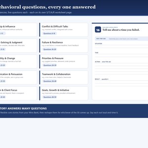 May include: A dark blue and white digital worksheet titled 50 behavioural questions, every one answered. It features ten competency categories, each with five questions, and a sample S/T/A/R worksheet page for question 16, Tell me about a time you failed.