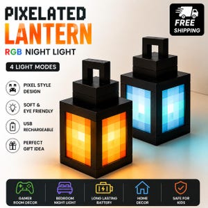 Pixelated Lantern RGB Night Light, USB Rechargeable, Gamer Room Decor