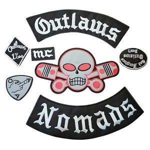 Outlaws Nomads MC-märkesset | Anpassad ryggmärke för motorcykelklubb | Broderade märken för bikerväst | Märke med dödskallekors och kolvar | Present till honom