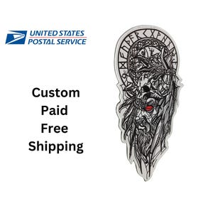 May include: A die-cut sticker featuring a detailed black and white line art illustration of a raven perched atop a skull, surrounded by intricate circular patterns and runic symbols, with a single small red accent on the skull's lower jaw area.
