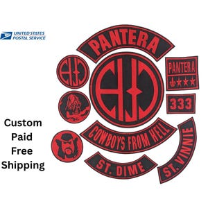 May include: A collection of embroidered patches featuring red and black designs. The set includes a large circular logo, curved rockers with the text Pantera, Cowboys From Hell, St. Dime, and St. Vinnie, plus smaller circular and rectangular patches.