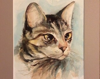 Original Watercolor Tabby Cat Portrait (9x12inch in mat)