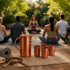 May include: A hammered copper pitcher with a matching set of four hammered copper tumblers. The set is arranged on a woven mat alongside a rolled grey yoga mat, a folded beige towel, and a string of dark wooden prayer beads with tassels.