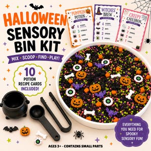 Può includere: Un kit per vaschetta sensoriale di Halloween con un vassoio circolare bianco riempito di perline nere, verdi e viola, ciondoli a forma di zucca arancione, ossa bianche, bulbi oculari verdi e pipistrelli viola, con calderone, paletta e pinze.