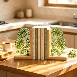 Monstera Stained Glass Bookends, Tropical Leaf Book Ends, Walnut Wood Botanical Decor, Plant Lover Gift, Bookshelf Decor