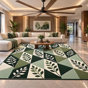 Hand Tufted Botanical Rug, Green Geometric Leaf Area Rug, Modern Nature Inspired Carpet, Contemporary Living Room Decor, Handmade