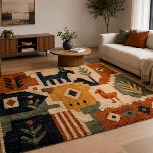 Alfombra de lana tejida a mano, alfombra de arte popular escandinavo, alfombra geométrica moderna con motivos de animales, alfombra artesanal para sala de estar, tamaño personalizado.