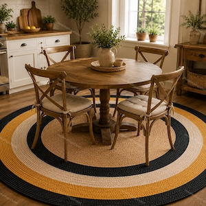May include: A large round braided area rug featuring concentric circles in alternating colors of black, mustard yellow, and cream. The rug is constructed from thick, textured cord material and is positioned on a wooden floor beneath a dining table.