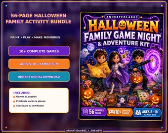 Jeux d'Halloween pour enfants : Pack d'activités imprimables de 56 pages pour toute la famille (Bingo, Chasse au trésor, Jeux de fête, PDF)